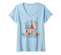Mujer May is My Birthday Yes The Whole Month Flores Groovy Floral Camiseta Cuello V