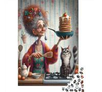 Mujer Mayor Cocinando Puzzle para Toda la Familia: Abuela Sirviendo Panqueques con Gato para Mujeres, Regalos para Hombres Adultos y Niños 52x38cm/1000 Piezas