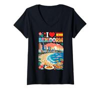 Mujer Me Encanta Benidorm, España, Vacaciones en la Playa, Viaje y Recuerdo Camiseta Cuello V