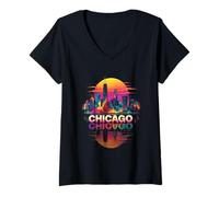 Mujer Me Encanta Chicago Skyline Chicago City Tie Dye Souvenir Chicago Camiseta Cuello V