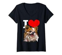 Mujer Me Encanta Chihuahua de Pelo Largo, Happy Chiwawa, Amante de los Perros Camiseta Cuello V