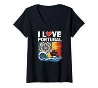 Mujer Me encanta el arte de azulejos marítimos de Portugal Camiseta Cuello V
