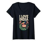 Mujer Me encanta el arte de flores de loto con pavo real de la India Camiseta Cuello V