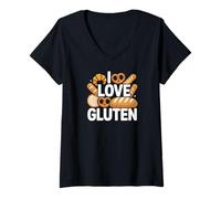 Mujer Me encanta el pan con gluten, baguette, pretzel y croissant Camiseta Cuello V
