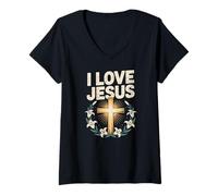 Mujer Me encanta la cruz de Jesús con flores de lirio Sunburst Camiseta Cuello V