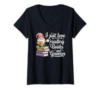 Mujer Me encanta leer libros y gnomos Camiseta Cuello V