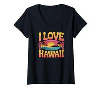 Mujer Me encantan Las Vibraciones Retro de Hawaii al Atardecer Camiseta Cuello V