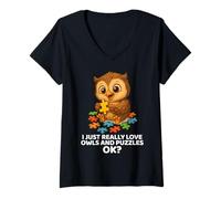 Mujer Me encantan los búhos y los rompecabezas para amantes de los búhos, divertidos y lindos Camiseta Cuello V