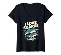 Mujer Me encantan los Tiburones, el Arte de los Animales del océano Camiseta Cuello V