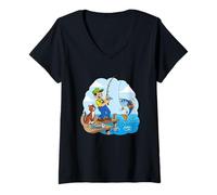 Mujer Me fui a pescar con un gato junto al muelle Camiseta Cuello V