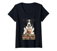 Mujer Me Gusta el café, mi Border Collie y Tal Vez 3 Personas Camiseta Cuello V