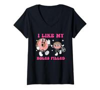 Mujer Me Gusta mi Divertida rosquilla Llena de Agujeros Camiseta Cuello V