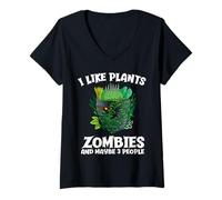 Mujer Me Gustan Las Plantas Zombis y Tal Vez 3 Personas Divertido Halloween Camiseta Cuello V