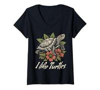 Mujer Me gustan las tortugas de orejas rojas Slider amante reptil floral divertido Camiseta Cuello V