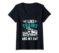 Mujer Me Gustan los Trenes y mi Gato Camiseta Cuello V