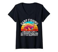 Mujer Me Gustan mis Pasatiempos Slow and My Fish Slippery Carp Fishing Camiseta Cuello V