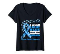 Mujer Me Pongo Azul Claro para mi Esposo Concientización sobre el cáncer de próstata Camiseta Cuello V