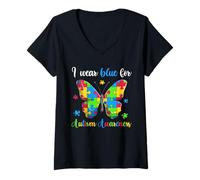 Mujer Me pongo azul para la concienciación sobre el autismo, mariposa rompecabezas Camiseta Cuello V