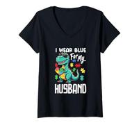 Mujer Me Pongo Azul para mi Esposo Dinosaurio Dino Concientización sobre el Autismo Camiseta Cuello V