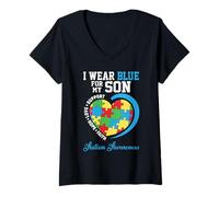 Mujer Me Pongo Azul para mi Hijo - Apoyo a los Padres de concienciación sobre el Autismo Camiseta Cuello V