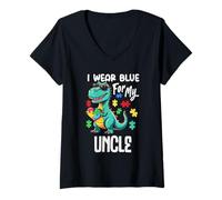 Mujer Me Pongo Azul para mi tío Dinosaurio Dino Concientización sobre el Autismo Camiseta Cuello V