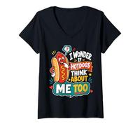 Mujer Me pregunto si los Perros Calientes también piensan en mí Camiseta Cuello V
