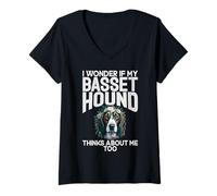 Mujer Me pregunto si mi Basset Hound también Piensa en mí Basset Hound Camiseta Cuello V