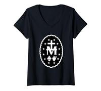 Mujer Medalla Milagrosa Cruz Corazones Sagrados Doce Estrellas Camiseta Cuello V