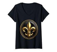 Mujer Medallón clásico de Flor de lis con Arte de Estilo esmaltado Negro Camiseta Cuello V