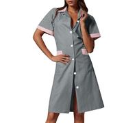 Mujer Medicina Enfermera Ropa de enfermería Vestido suelto de una línea A con Botones Y Bolsillos Bloque de Color Manga Corta Casaca con Solapa Baggy Ligero Vestido de Camisas de Trabajo Cuidado de