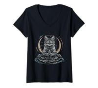 Mujer Meditación Gato Yoga Espiritual Hindú Budista Buda Zen Camiseta Cuello V