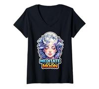 Mujer Meditación Lunar Mindfulness Lunar Bienestar Espiritual Camiseta Cuello V