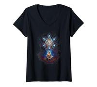 Mujer Meditación Yoga Metatrones Cubo Ilustración Cósmica Camiseta Cuello V