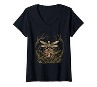 Mujer Meditando Esqueleto Hada Hongo Zen Yoga Oscuro Cottagecore Camiseta Cuello V