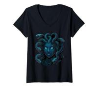 Mujer Medusa Mitología Griega Cabello de Serpiente Se Convierte En Piedra Ojos espeluznantes Camiseta Cuello V