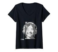Mujer Mejor Colección de Música Joven Asiática Con Auricular Oscuro Camiseta Cuello V