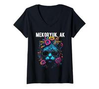 Mujer Mekoryuk - Gato de Alaska con Gafas de Sol y diseño de Flores Camiseta Cuello V