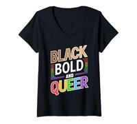 Mujer Melanina Black Bold and Queer LGBTQ Black Pride Camiseta Cuello V
