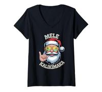 Mujer Mele Kalikimaka Santa con Gafas de Sol Beach Vibes Shaka Camiseta Cuello V