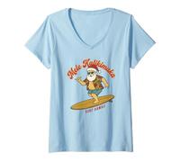 Mujer Mele Kalikimaka Surfing Santa Hawaii Navidad Retro Holiday Camiseta Cuello V