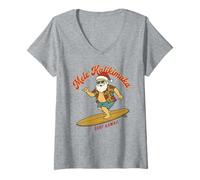 Mujer Mele Kalikimaka Surfing Santa Hawaii Navidad Retro Holiday Camiseta Cuello V