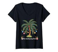 Mujer Mele Kalikimaka Tropical Christmas Hawaiian Xmas Palm Tree Camiseta Cuello V