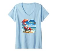 Mujer Mele Kalikimaka Tropical Santa Relajándose en la Playa Hawaii Camiseta Cuello V