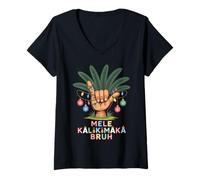Mujer Mele KalikiShaka Sign Tropical Christmas Hawaiian Xmas Palm Camiseta Cuello V