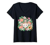 Mujer Melocotón Flor Café Floral Acogedor Café Amante Camiseta Cuello V