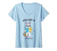 Mujer Meme de Pascua, No Jubilado todavía, Niños Meme Edad 6 Edad 7 Huevos Camiseta Cuello V