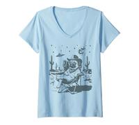 Mujer Meme Divertido de Perro Pug Cowboy UFO Western Camiseta Cuello V