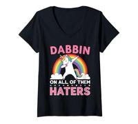 Mujer Meme Divertido del Arco Iris del Unicornio Dabbing Camiseta Cuello V