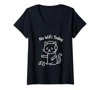Mujer Meme Gracioso Gato Triste Sin WiFi Hoy Sin Internet Offline Camiseta Cuello V