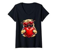 Mujer Meme Retro de Pug Vintage con Forma de corazón de Perro, Vida Juvenil, papá, mamá Camiseta Cuello V